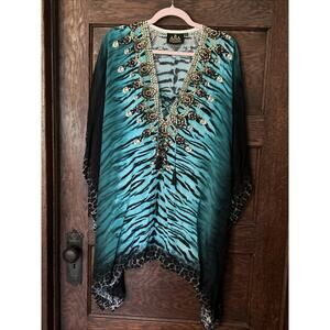 Asa Kaftans Teal Black Tiger Print Rhinestone Short Pullover Kimono Sz XXL